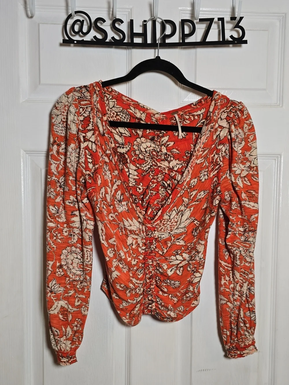 Free People XS Orange Floral Ruched V-Neck Long Sleeve Top